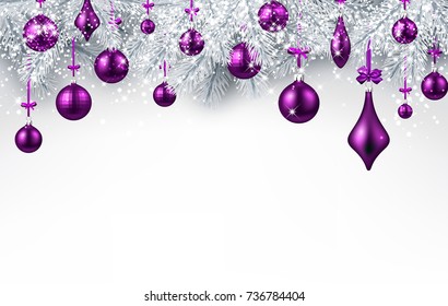 New Year background with fir branches and purple Christmas balls. Vector illustration.