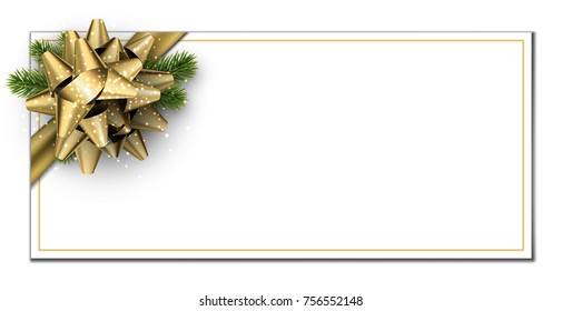 New Year background with fir branches and golden bow. Vector paper illustration.