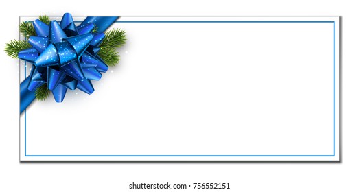 New Year Background With Fir Branches And Blue Bow. Vector Paper Illustration.