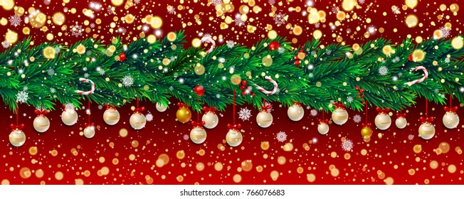 New Year background with fir branches, golden confetti and Christmas balls, snowflakes on red background. Vector illustration.