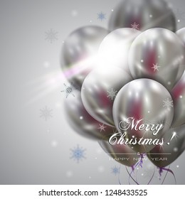 New Year background with floating party balloons. Merry Christmas vector illustration. Flying balloons and inscription Merry Christmas. Christmas Greeting Card With Free Space For Your Advertising