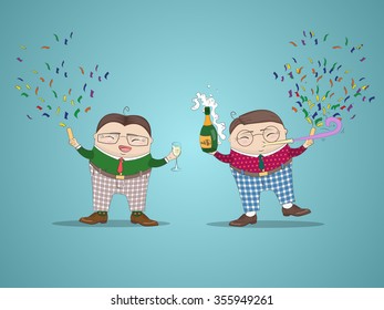 New Year background  with funny cartoon  characters . Happy New Year, business concept. Vector illustration.