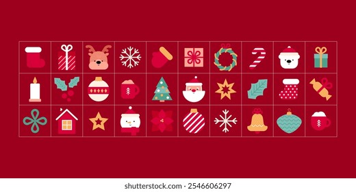 New Year background with geometric icons in outline tiles. Minimalist banner, greeting Christmas elements. Invitation, flyer template. Vintage vector illustration. Xmas modern graphics.