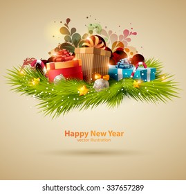 New Year background with gift boxes.