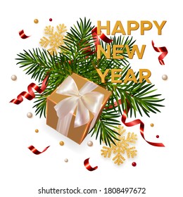 New Year background with gift, branches of a fir tree, shining gold snowflakes and serpentine. Concept for New Year and Christmas greeting card, banner, poster. Vector Illustration