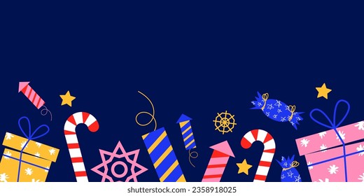New Year background with gifts. Vector blue background with place for text. Multi-colored gifts and holiday elements. Lollipop, firecrackers, snowflakes, star.