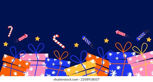 Antecedentes de Año Nuevo con regalos. Fondo azul vectorial con lugar para el texto. Regalos multicolores y elementos de vacaciones. Lollipop, petardos, estrella.