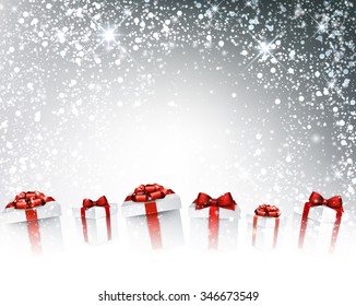 New Year background with gifts. Vector paper illustration.