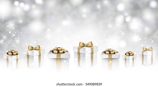 New Year background with gifts. Vector paper illustration.