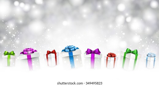 Antecedentes de Año Nuevo con regalos. Ilustración de papel vector.