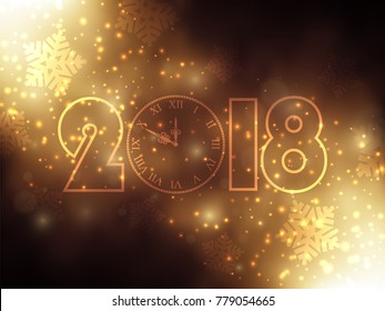 New Year background with gold clock. Gold glitter stardust background. Vector illustration