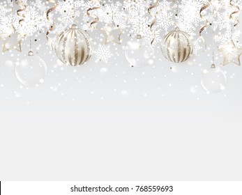 New Year background with gold glitter confetti, glossy and glass christmas balls, snowflakes, snows.