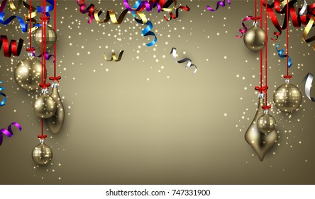 New Year background with golden Christmas balls and colorful serpentine. Vector illustration.
