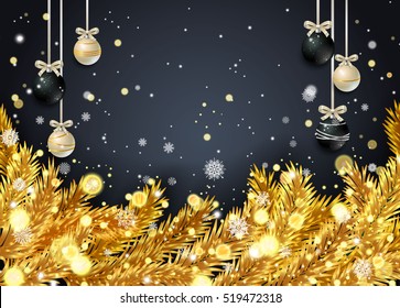 New Year background with golden fir branches and snowflakes on black background. Vector illustration.