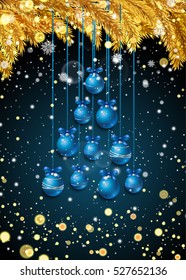 New Year background with golden fir branches, confetti, snowflakes and blue Christmas balls in the shape of a Christmas tree on dark blue. Vector illustration.