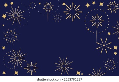 New year background with golden fireworks on the dark blue background. New Year, party, festival concept.