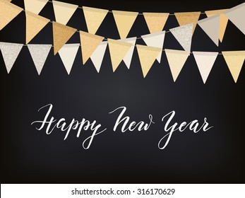 New Year background with golden flag garlands on the blackboard, vector illustration