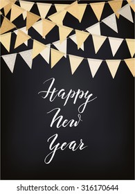 New Year background with golden flag garlands on the blackboard, vector illustration