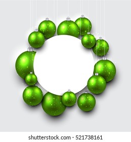 New Year background with green Christmas balls. Vector illustration.