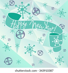 new year background. Greeting card. With snowflakes, bells, ribbon, banner. Vector illustration