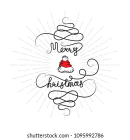 New Year Background with Hand Drawn Merry Christmas Continuous Text. Vector Sketch in Vintage Style