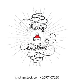 New Year Background with Hand Drawn Merry Christmas Continuous Text. Vector Sketch in Vintage Style