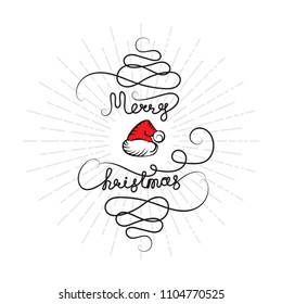 New Year Background with Hand Drawn Merry Christmas Continuous Text. Vector Sketch in Vintage Style