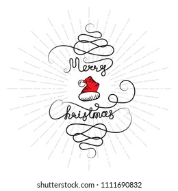 New Year Background with Hand Drawn Merry Christmas Continuous Text. Vector Sketch in Vintage Style