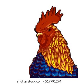 New Year background. Happy New Year greeting card. Feast on a white background with rooster place for your text. Beautiful colorful, bright rooster. Vector fire rooster