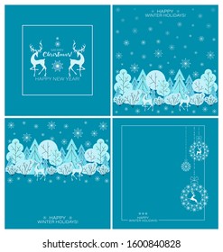 New Year background, holiday decorations. Christmas set. Snow balls, deer silhouettes, winter landscape on a blue background. Winter holiday card, poster. Vector.