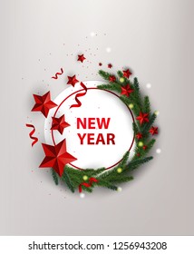 New Year Background. Holiday's Background with realistic Looking Christmas Tree Branches and with red stars. Vector. 