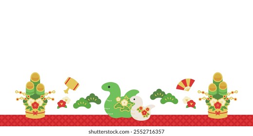 New Year background illustration of a pine tree and a baby and a snake ( Vector Copy space White background Banner 2025 Japanese style Japan Background Illustration )	