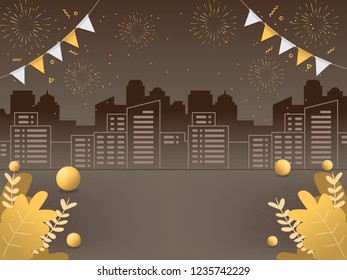 New Year background illustration. Vector illustration of happy new year 2019. Cityscape with fireworks and flag. New Year background with golden colored