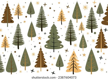 New Year background with the image of various Christmas trees, modern flat design.