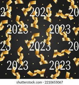New year background with inscription 2023. A beautiful seamless pattern with a golden serpentine and confetti on a black background. The Christmas concept. Festive background. Sale 2023 background.