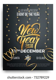 New Year. Background of New Year lettering, christmas lights and curly gold gift ribbons. New Year 2018 realistic background