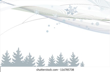 New Year background with lines, trees and snowflakes