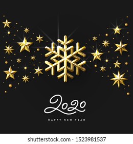 New Year Background made of Gold Stars, Snowflakes and Beads. Bright New Year Greeting Card with handwritten lettering 2020. Vector Illustration.