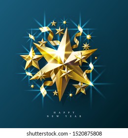 New Year Background made of Golden Stars And Sparkles. Vector Illustration.