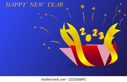 new year background numbers 2023 golden and red gift box with beautiful fireworks.