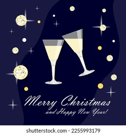 New Year background on dark blue with gold sequins and glitter and two champagne glasses with bubbles. Vector illustration