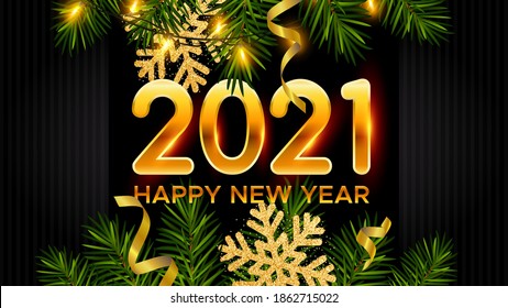 New Year background with pine branches, golden snowflakes, shining garlands, serpentine and numbers 2021. Christmas and New Year poster, banner for winter and new year holidays