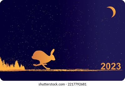 New Year  background with rabbit, moon, stars and forest in blue and gold colours