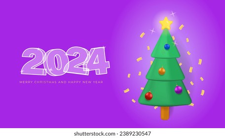 New Year background with realistic Christmas tree with golden confetti. 2024 glass text. Load party concept. Xmas Poster, banner, cover card, brochure, flyer design. Vector illustration