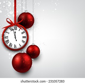 New year background with red christmas balls and vintage clock. Vector illustration. 