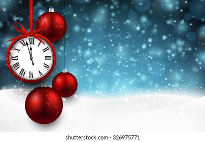 
New year  background with red christmas balls and vintage clock. Vector illustration with place for text. 