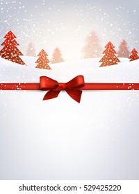 New Year background with red Christmas trees and red bow. Vector illustration.