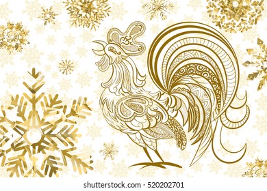 New Year background. Rooster symbol of 2017 on the Chinese calendar. Golden rooster and snowflakes on white background. Vector illustration