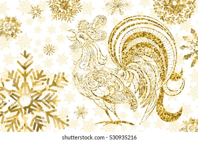 New Year background. Rooster symbol of 2017 on the Chinese calendar. Golden rooster and snowflakes on white background. Vector illustration