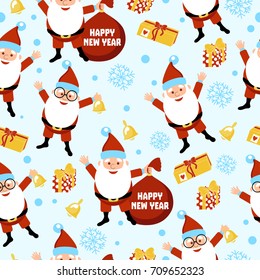 New Year background with Santa Claus, bells, gifts and snowflakes. Happy Holidays. Merry Christmas. Vector seamless pattern. 